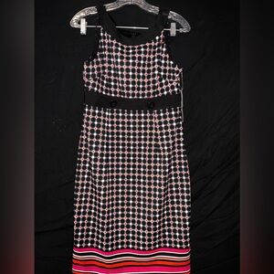 London Times Sheath Dress Sz 6 Womans Black Orange Geometric Sleeveless Stretch